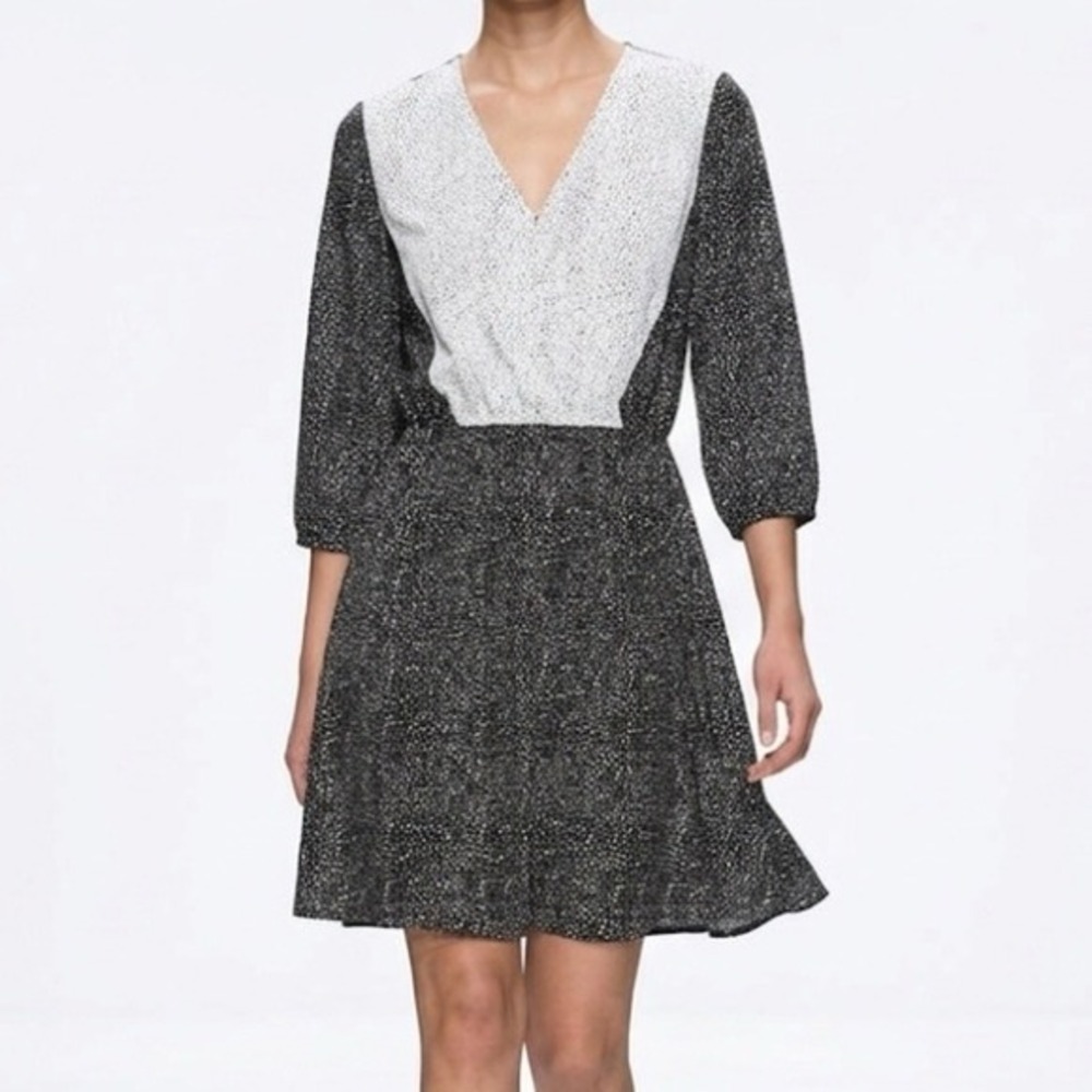 HM Black White Polka Dot V-Neck Mini Dress 3/4 Sleeve Size 12 P/N 0207859 9